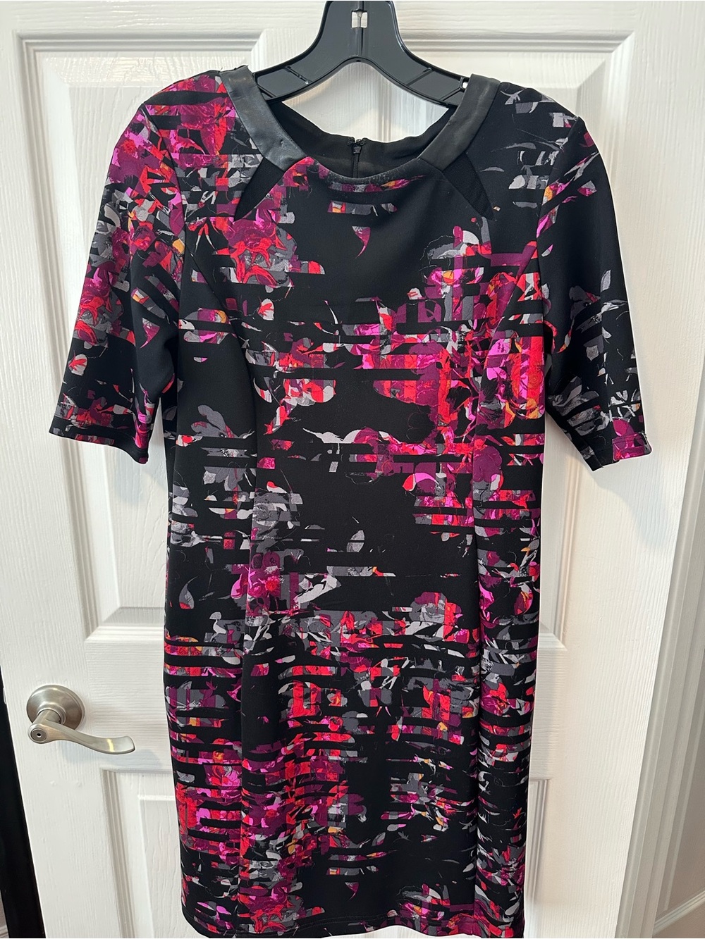 Black Floral-Print Shift Dress with Pink Accents